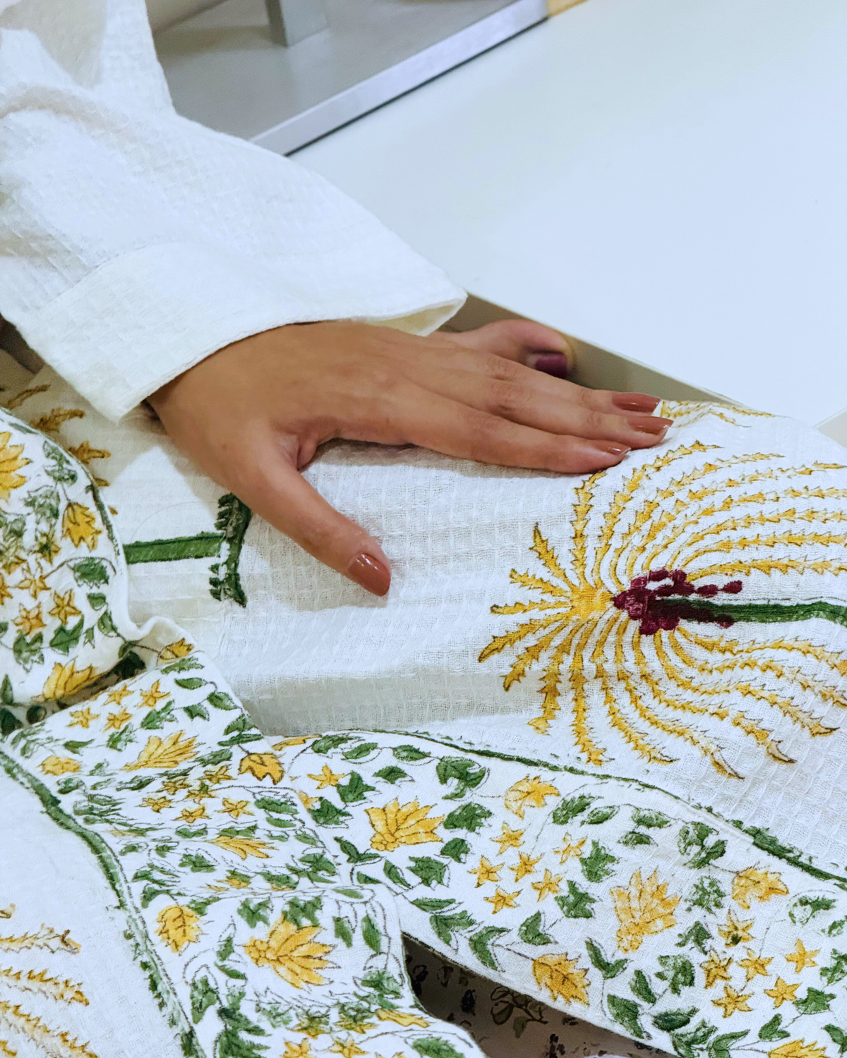 Tender Moodie Handblock Premium Bathrobe hand block printed premium cotton bathrobe styled view showing full set