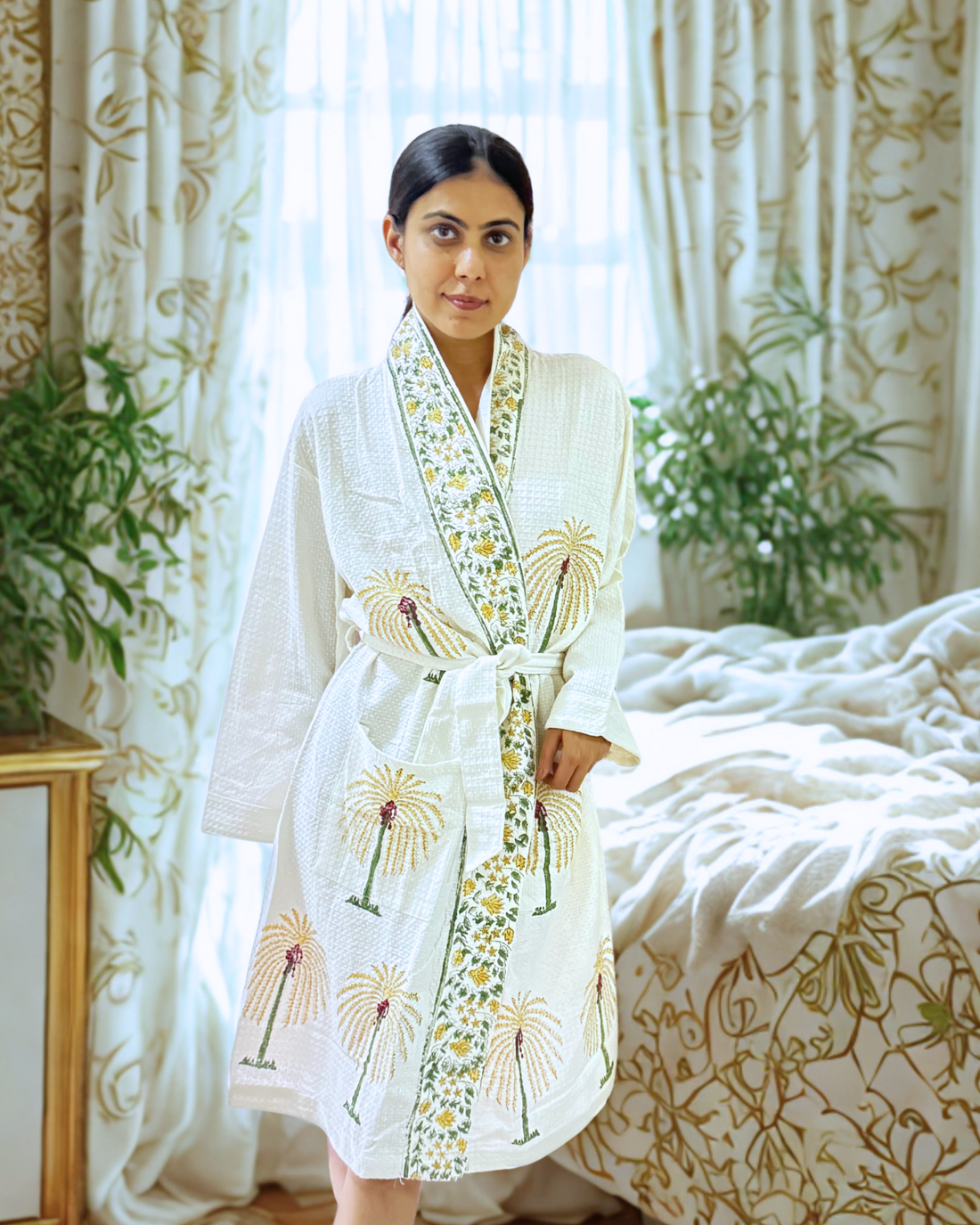 Tender Moodie Handblock Premium Bathrobe, hand block printed premium cotton bathrobe, main product image, Sanganer Jaipur artisan craft