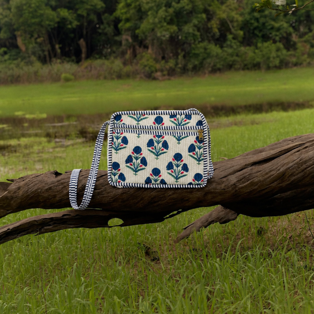 White Bloom Quilted Side Sling Tote Bag - 100% Cotton, hand block printed quilted side sling cotton tote bag, main product image, Sanganer Jaipur artisan craft