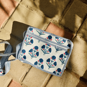 White Bloom Quilted Side Sling Tote Bag - 100% Cotton, hand block printed quilted side sling cotton tote bag, main product image, Sanganer Jaipur artisan craft