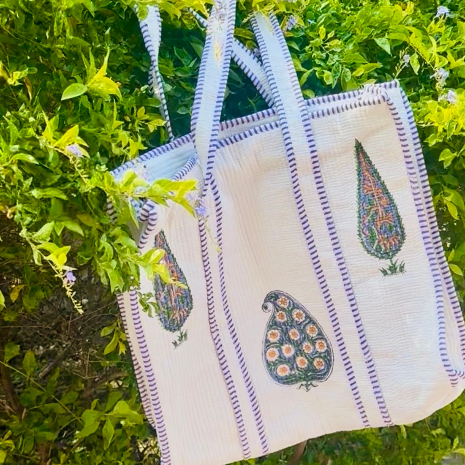 White Garden Quilted Tote Bag - 100% Cotton hand block printed quilted cotton tote bag styled view showing full set