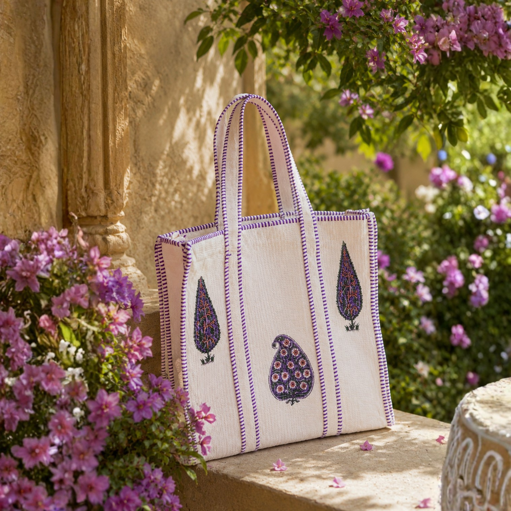 White Garden Quilted Tote Bag - 100% Cotton, hand block printed quilted cotton tote bag, main product image, Sanganer Jaipur artisan craft