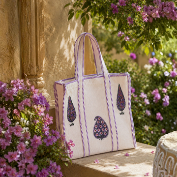 White Garden Quilted Tote Bag - 100% Cotton, hand block printed quilted cotton tote bag, main product image, Sanganer Jaipur artisan craft