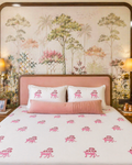 Wild Pink Panther Forest - Luxe Handblock Bedding hand block printed cotton bedding set close-up detail, hand block print pattern