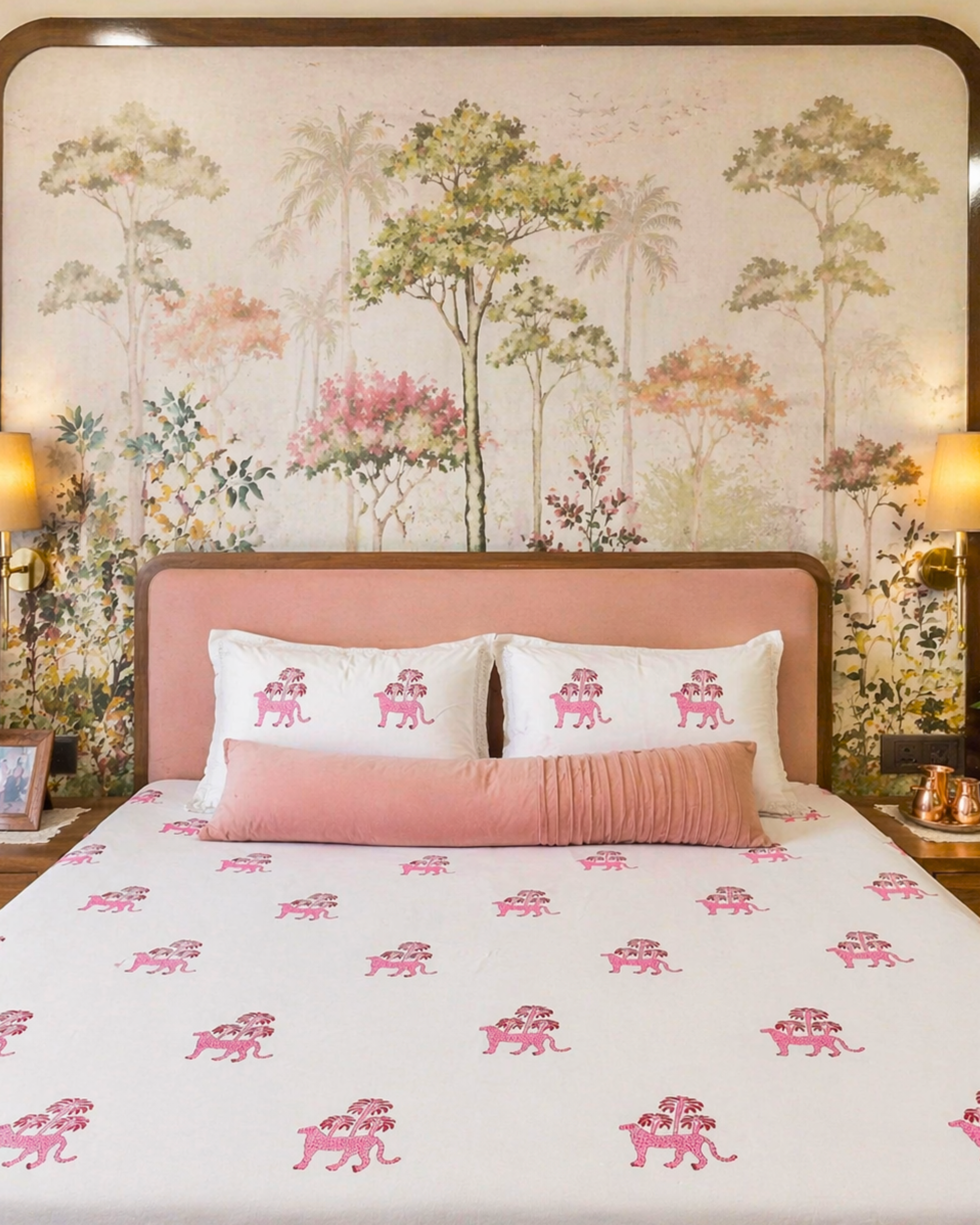 Wild Pink Panther Forest - Luxe Handblock Bedding hand block printed cotton bedding set close-up detail, hand block print pattern