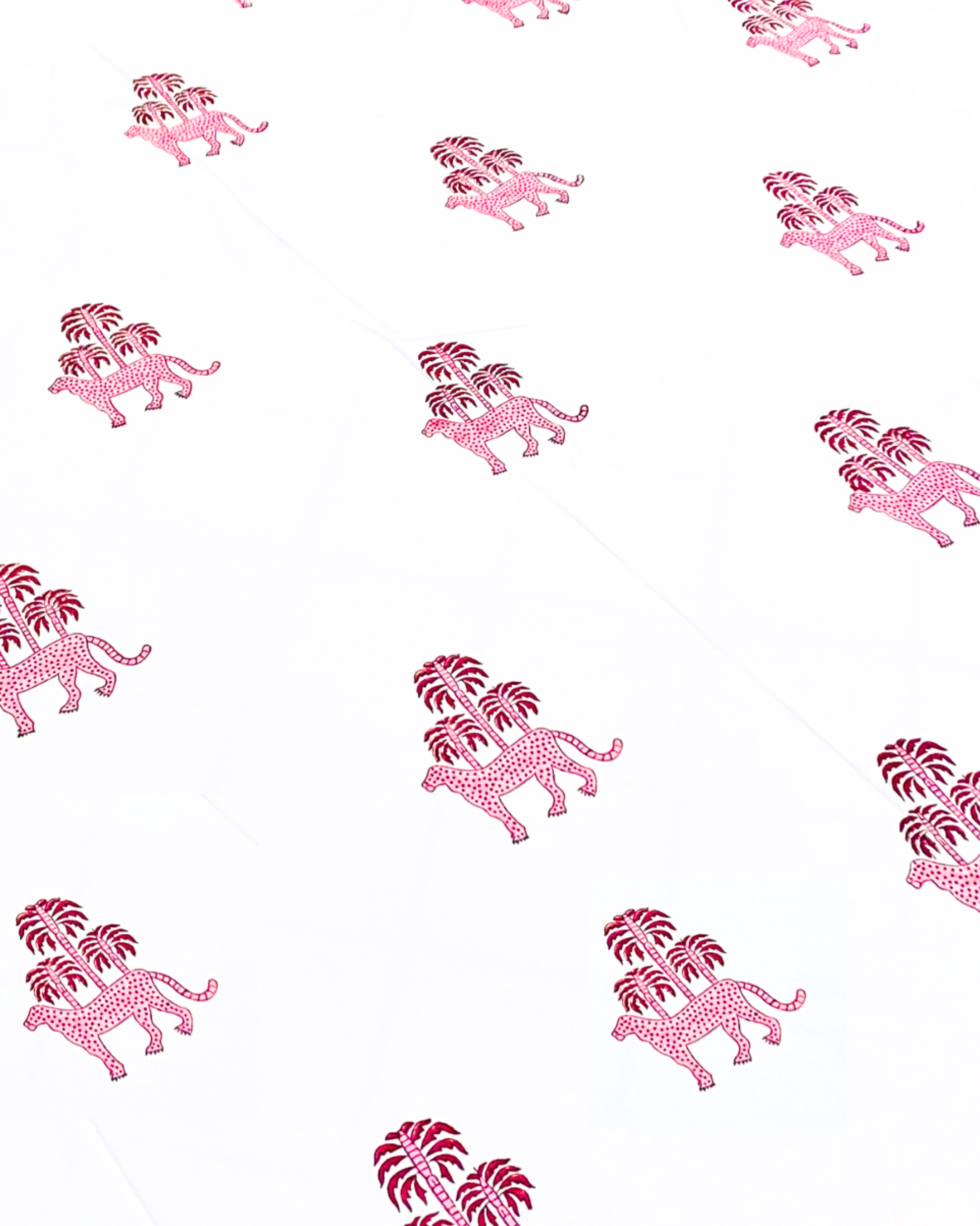 Wild Pink Panther Forest - Luxe Handblock Bedding hand block printed cotton bedding set close-up detail, hand block print pattern
