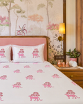 Wild Pink Panther Forest - Luxe Handblock Bedding hand block printed cotton bedding set close-up detail, hand block print pattern