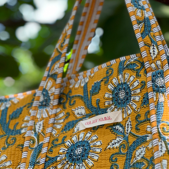 Yellow Bloom Quilted Tote Bag - 100% Cotton, hand block printed quilted cotton tote bag, main product image, Sanganer Jaipur artisan craft