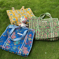 Yellow Bloom Quilted Tote Bag - 100% Cotton hand block printed quilted cotton tote bag styled view showing full set