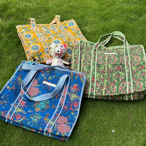 Yellow Bloom Quilted Tote Bag - 100% Cotton hand block printed quilted cotton tote bag styled view showing full set