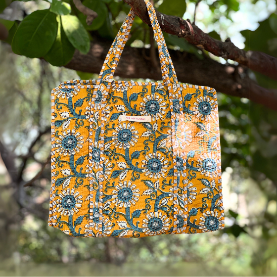 Yellow Bloom Quilted Tote Bag - 100% Cotton, hand block printed quilted cotton tote bag, main product image, Sanganer Jaipur artisan craft